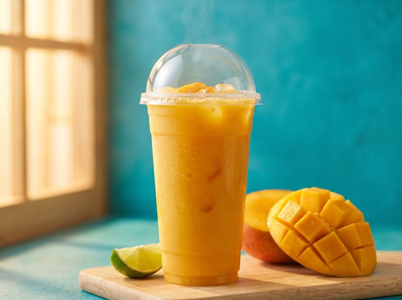 Fresh mango smoothie in a clear cup