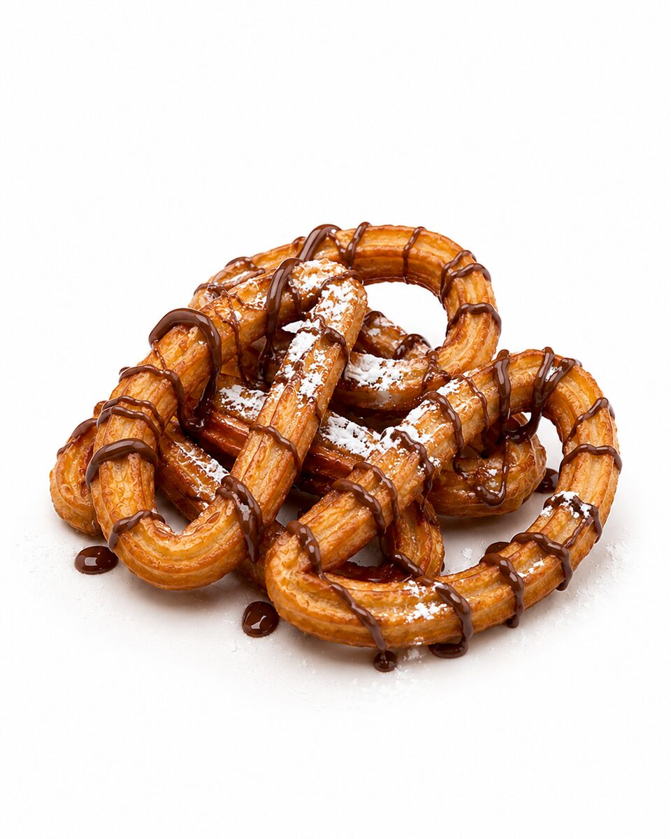 Coiled golden churros dusted with sugar and drizzled with chocolate