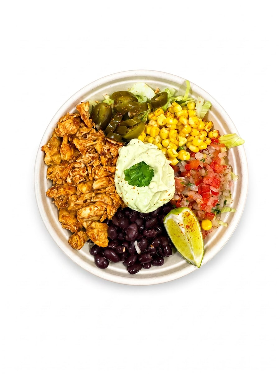 La Mexicana bowl with chicken, rice, black beans, corn, guacamole and pico de gallo