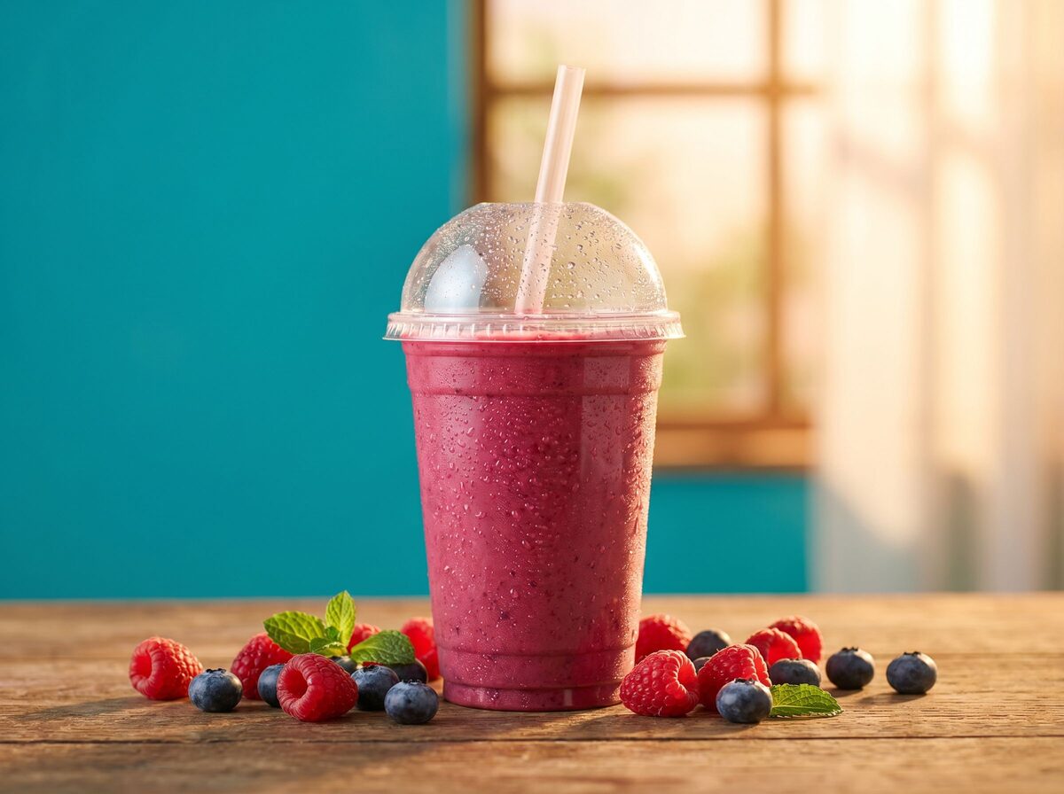 Berry blast smoothie in a clear cup with fresh berries