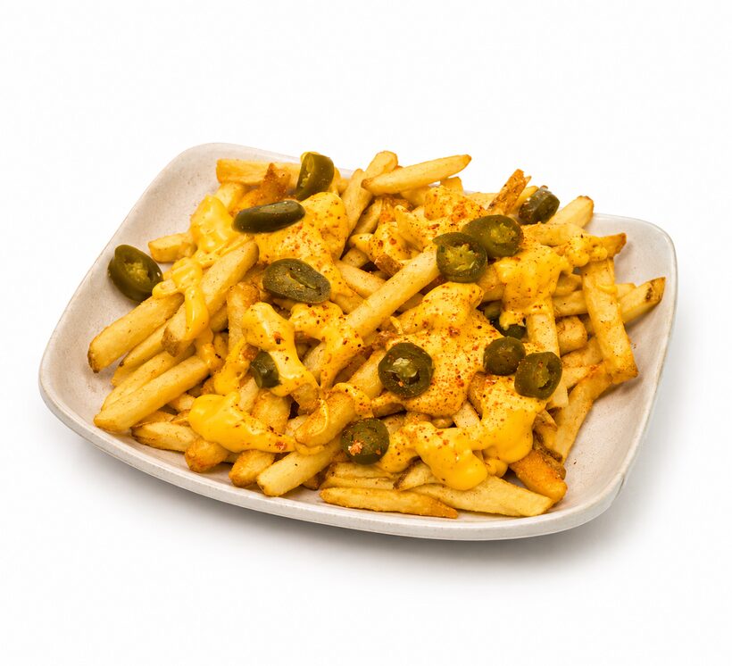 Fries loaded with cheese sauce and jalapeños