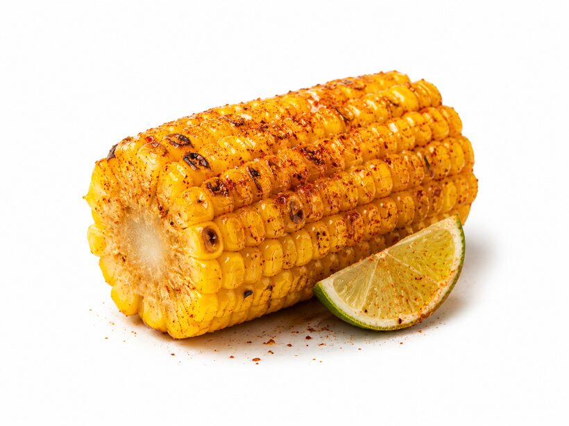 Grilled corn cob dusted with chili and served with lime