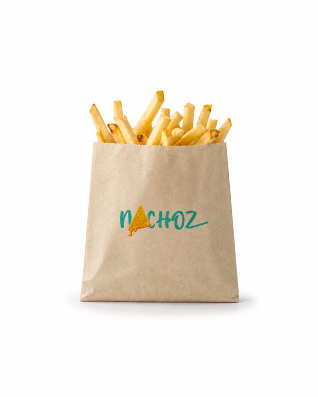 Seasoned fries in a Nachoz paper bag